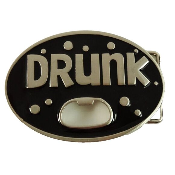 Drunk Belt Buckle Bottle Opener Black Silvertone Oval Statement - Picture 1 of 4